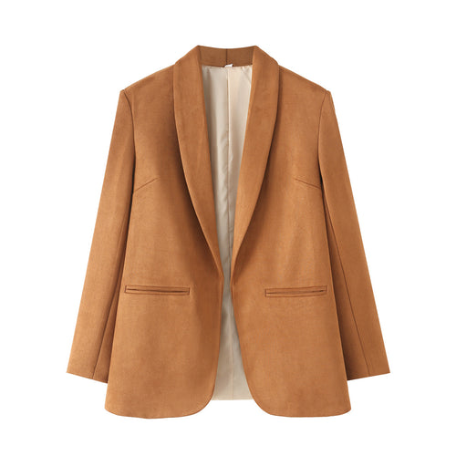 Damen lang geschnittener Blazer im Wildleder‑Imitat mit weichem Schalkragen und paspelierten Leistentaschen – Valéne
