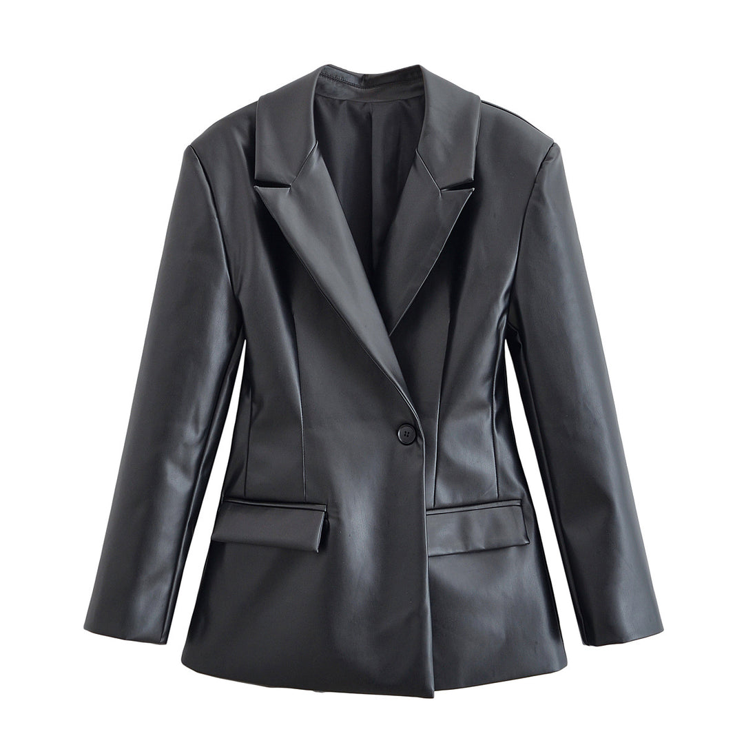 Damen Taillierter Longline-Kunstlederblazer mit Ein-Knopf-Verschluss und Pattentaschen Echo Archiv