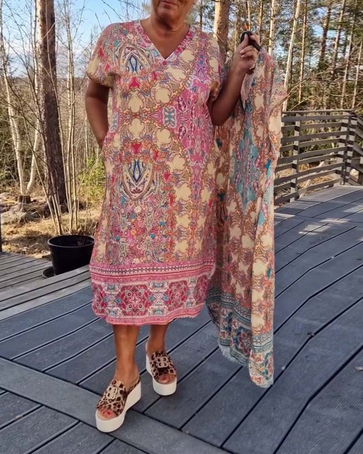Damen nan luftiges V-Ausschnitt-Kleid im Paisley-Print mit Eingrifftaschen und passendem Pareo Echo Archiv
