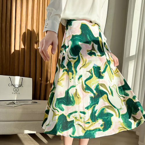 Damen Satin-Midirock mit abstraktem Aquarell-Blumenprint und hohem Bund Echoarchiv