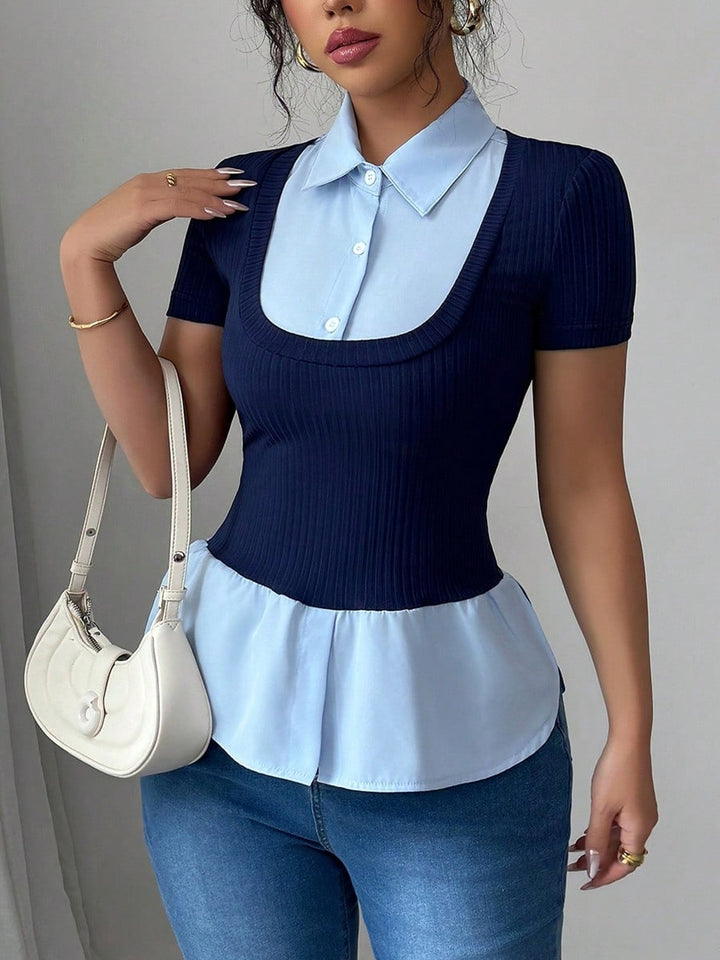 Damen Kurzärmeliges Layering-Top mit Fake-Hemdkragen und Rippstrickkörper – Avérine