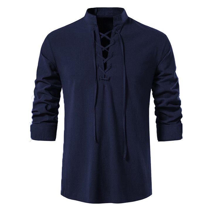 Herren lässiges Langarmshirt mit innovativer Schnürung und modernem Stehkragen Echoarchiv