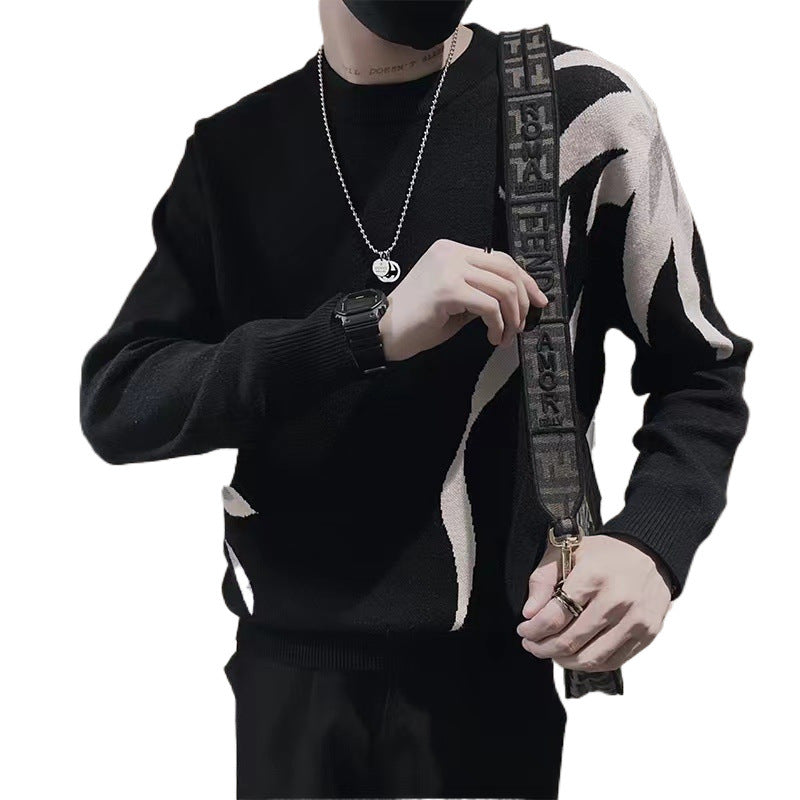 Herren Strickpullover mit abstraktem Flammen‑Jacquard und Rundhalsausschnitt Echoarchiv