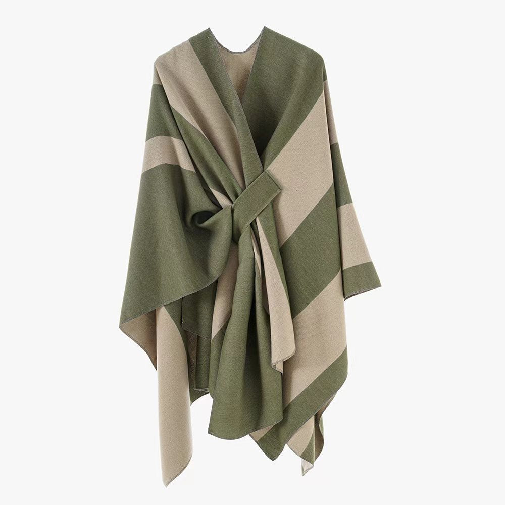 Damen Wickel‑Cape mit breitem Streifenmuster und Bindegürtel – Avérine