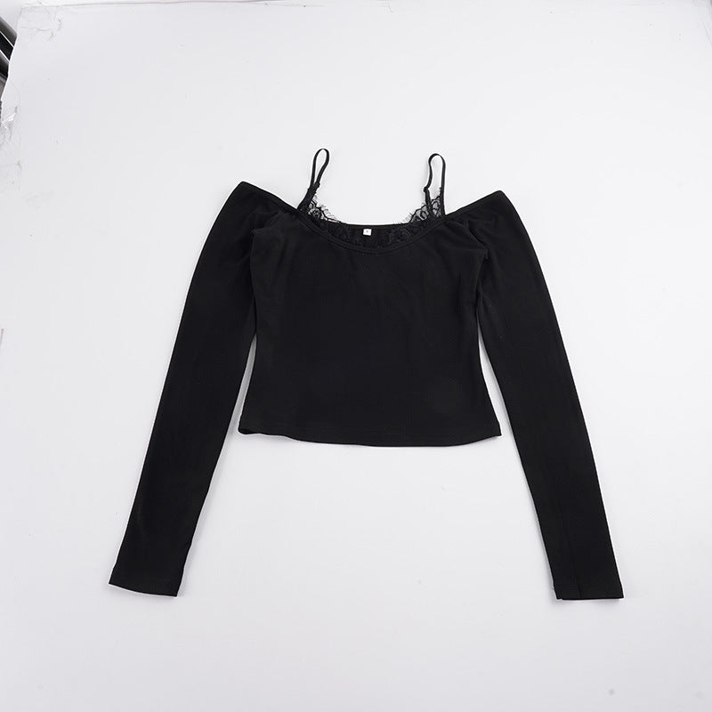 Damen Schulterfreies Langarm-Cami mit zarter Spitzen-Innenschicht und verstellbaren Spaghettiträgern – Avérine