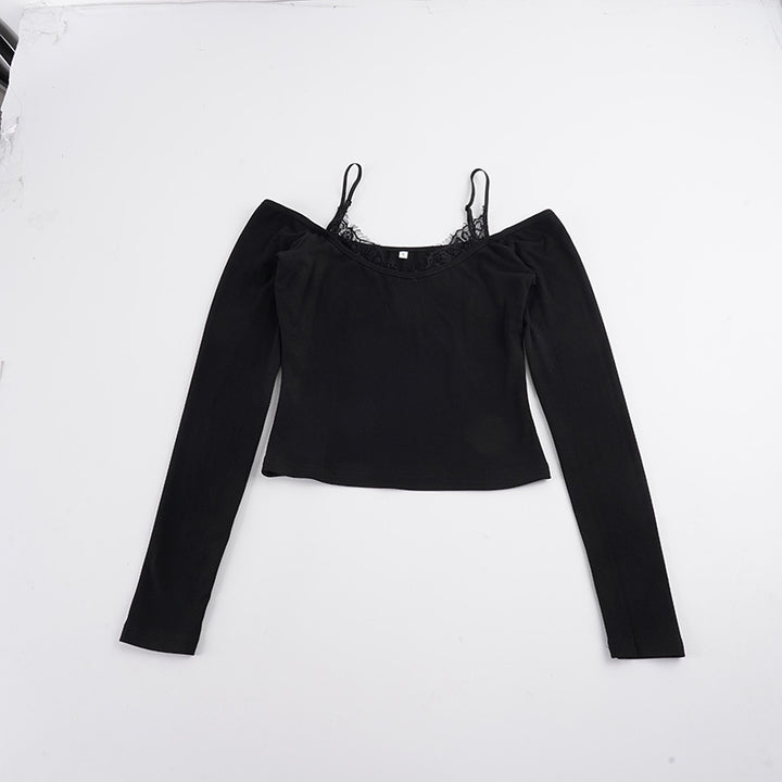 Damen Schulterfreies Langarm-Cami mit zarter Spitzen-Innenschicht und verstellbaren Spaghettiträgern – Avérine