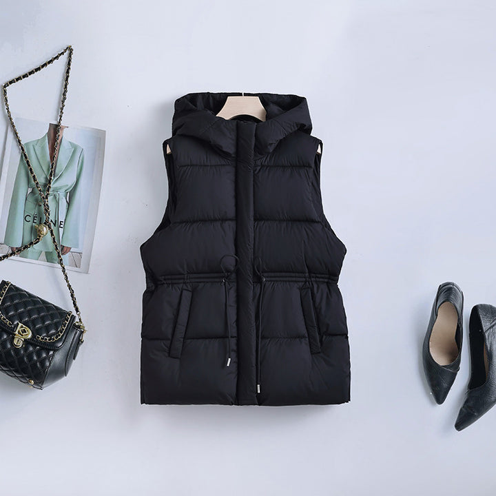 Damen gesteppte Kapuzenweste mit verstellbarem Taillenzug und winddichter Thermofütterung – Avérine