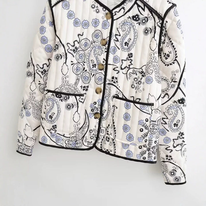 Damen Gesteppte Kurzjacke mit Paisley‑Blumenprint, Rundhalsausschnitt und Kontrastpaspel Echo Archiv