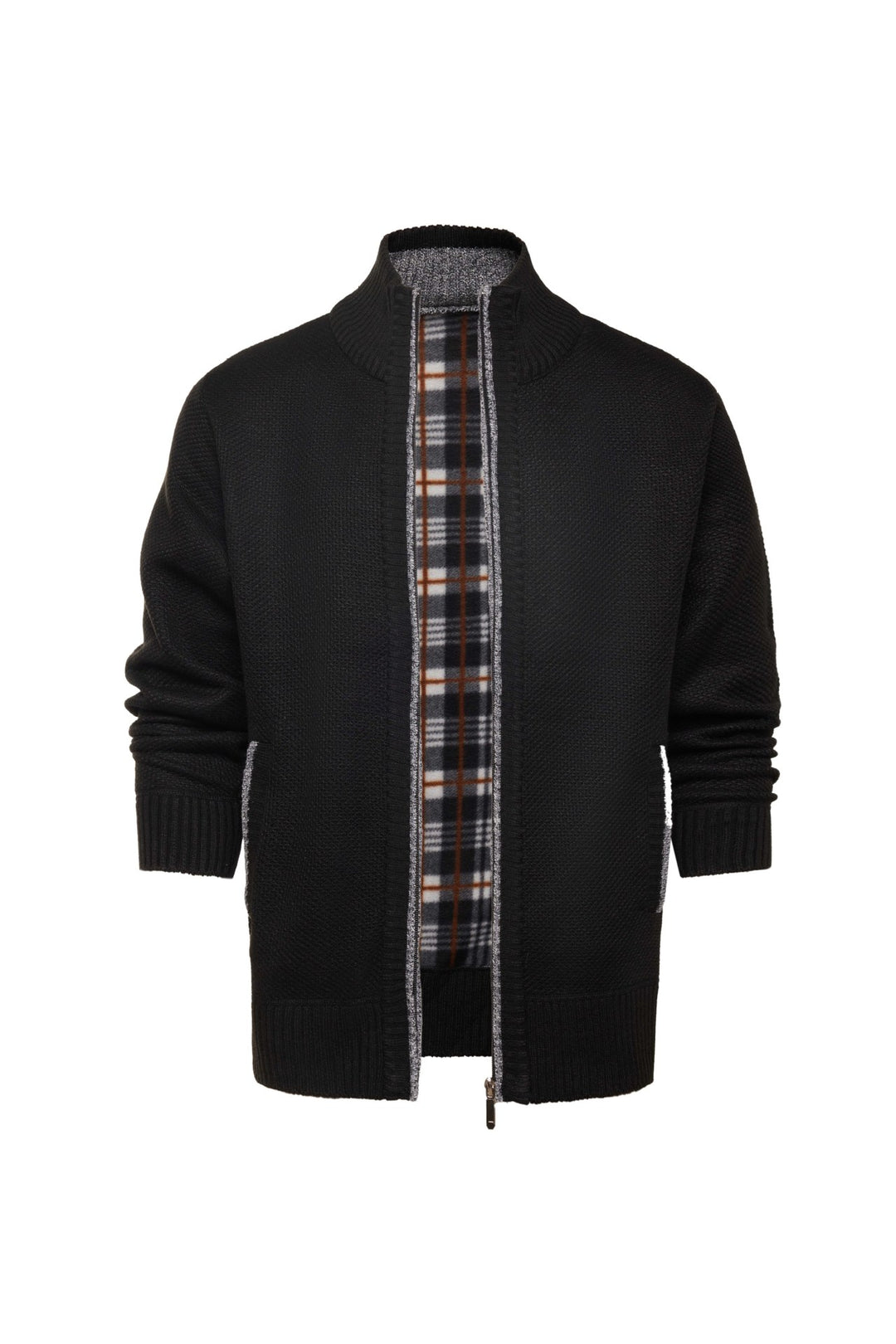Herren gebürstete Strickjacke mit kariertem Thermofutter und Stehkragen – Taviero