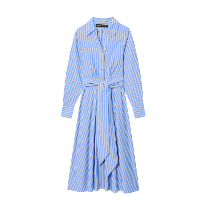 Damen gestreiftes Hemdblusenkleid mit Knotengürtel, taillierter Wickeloptik und breiten Manschetten – Lunéa