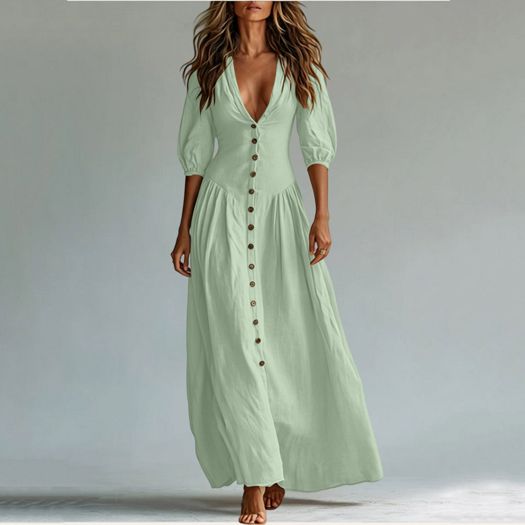 Damen Maxikleid mit tiefem V-Ausschnitt, durchgehender Knopfleiste und Ballonärmeln – Valéora
