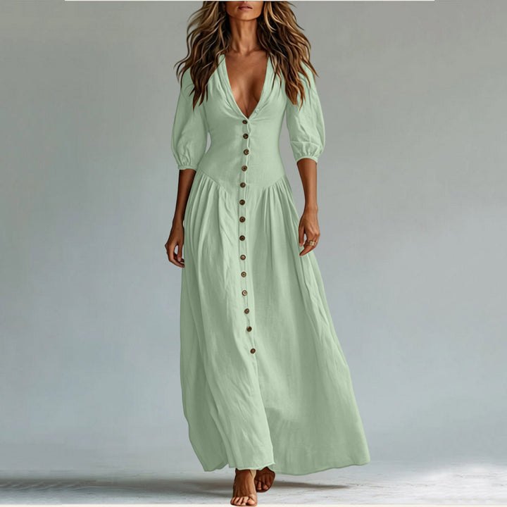 Damen Maxikleid mit tiefem V-Ausschnitt, durchgehender Knopfleiste und Ballonärmeln – Valéora