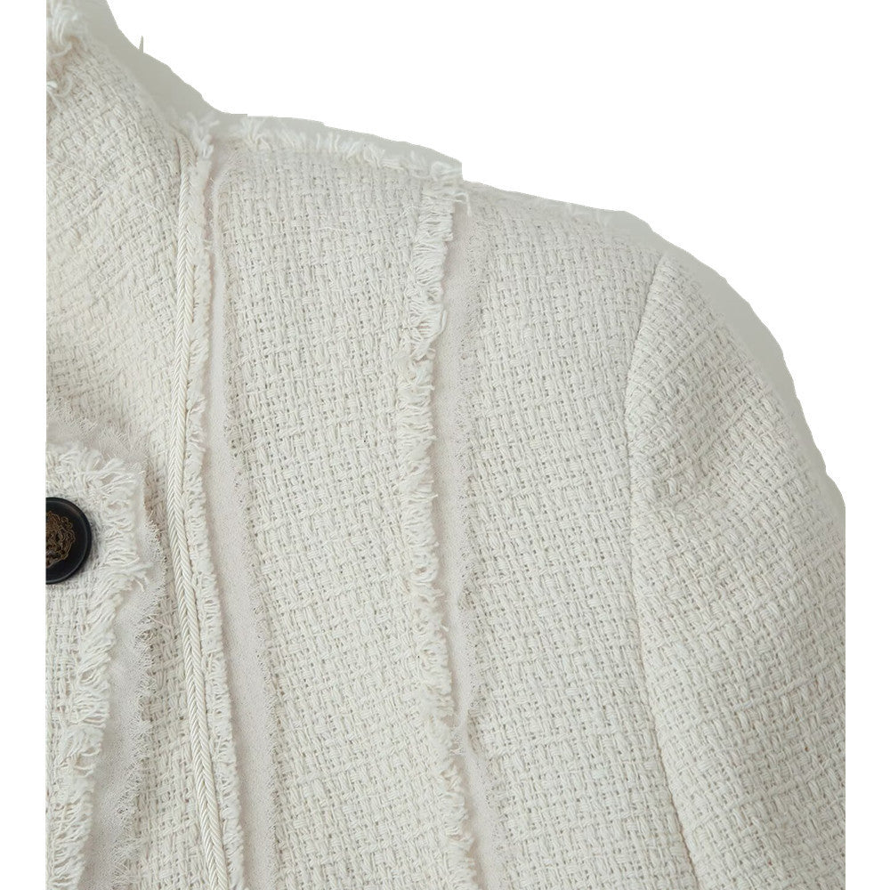 Damen Bouclé-Blazer mit Stehkragen, asymmetrischem Verschluss und fransigem Saum Echo Archiv