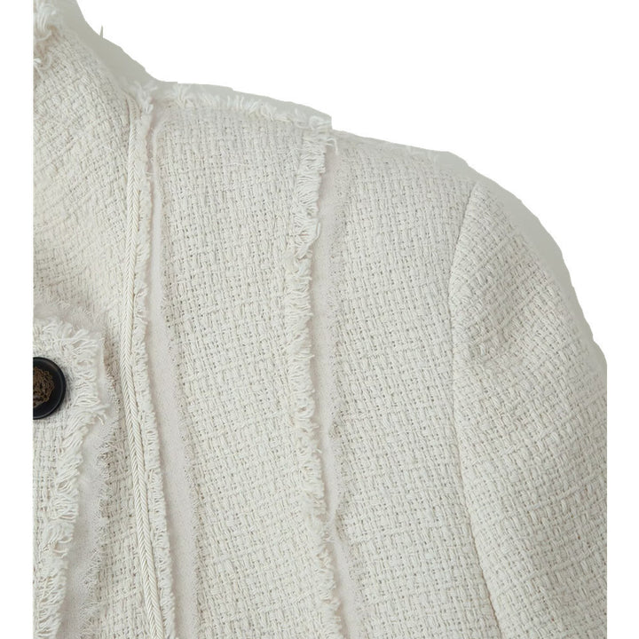 Damen Bouclé-Blazer mit Stehkragen, asymmetrischem Verschluss und fransigem Saum Echo Archiv