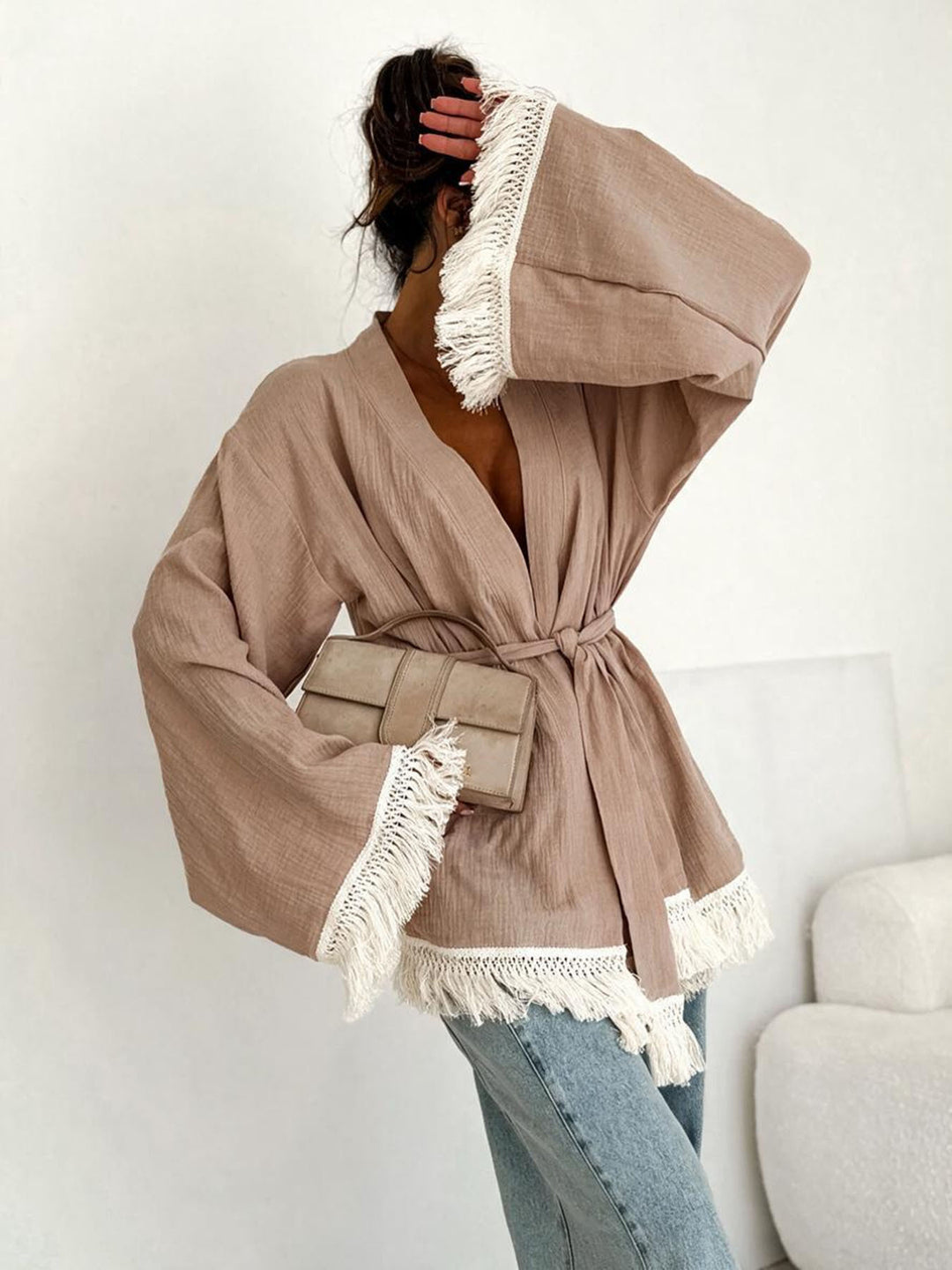 Damen Fransen-Kimono-Jacke aus Leinenoptik mit Taillengürtel Echoarchiv
