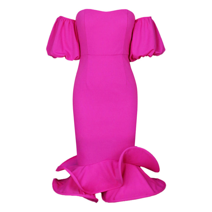 Damen Figurbetontes Abendkleid mit voluminösen Puffärmeln und Rüschenabschluss Echo Archiv