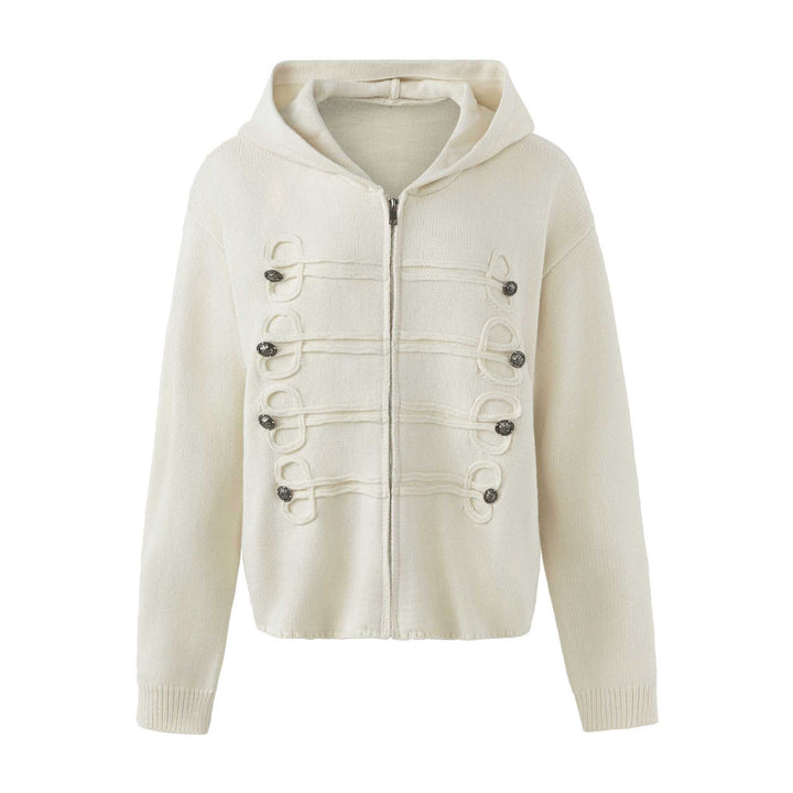 Damen Kapuzen-Strickjacke mit militärischen Zierknöpfen und Reißverschluss Echoarchiv