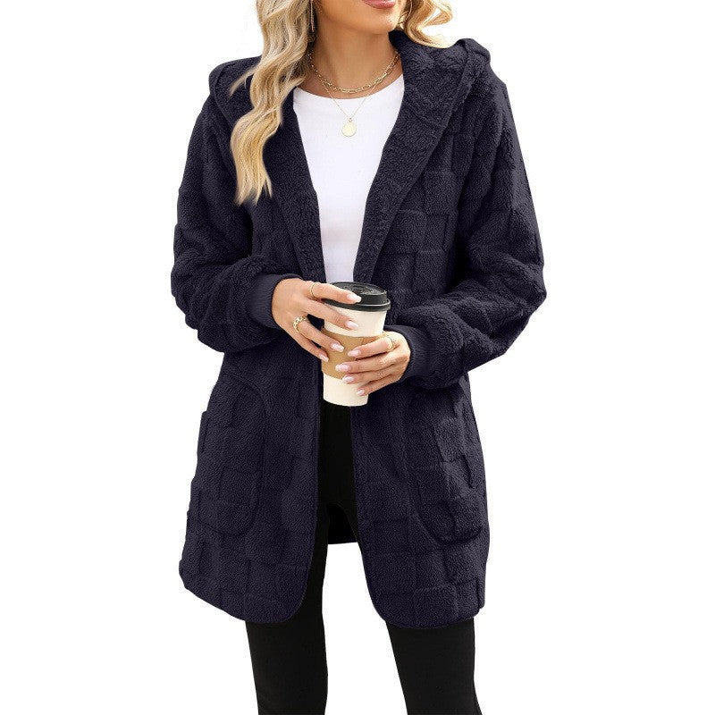Damen nan kuschelige Kapuzen-Longjacke aus Teddyfleece mit aufgesetzten Taschen und strukturierter Karooptik Echo Archiv