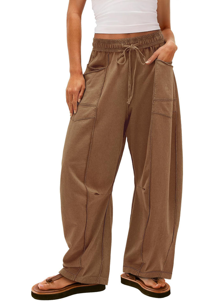 Damen weite Cargo-Loungehose mit elastischem Bund und Kontrastnähten – Avérine