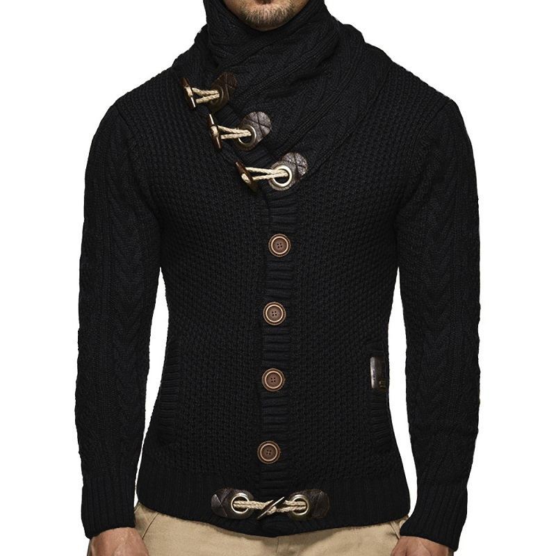 Herren gestrickter Cardigan mit hohem Kragen und modernen Holzknebel Echoarchiv