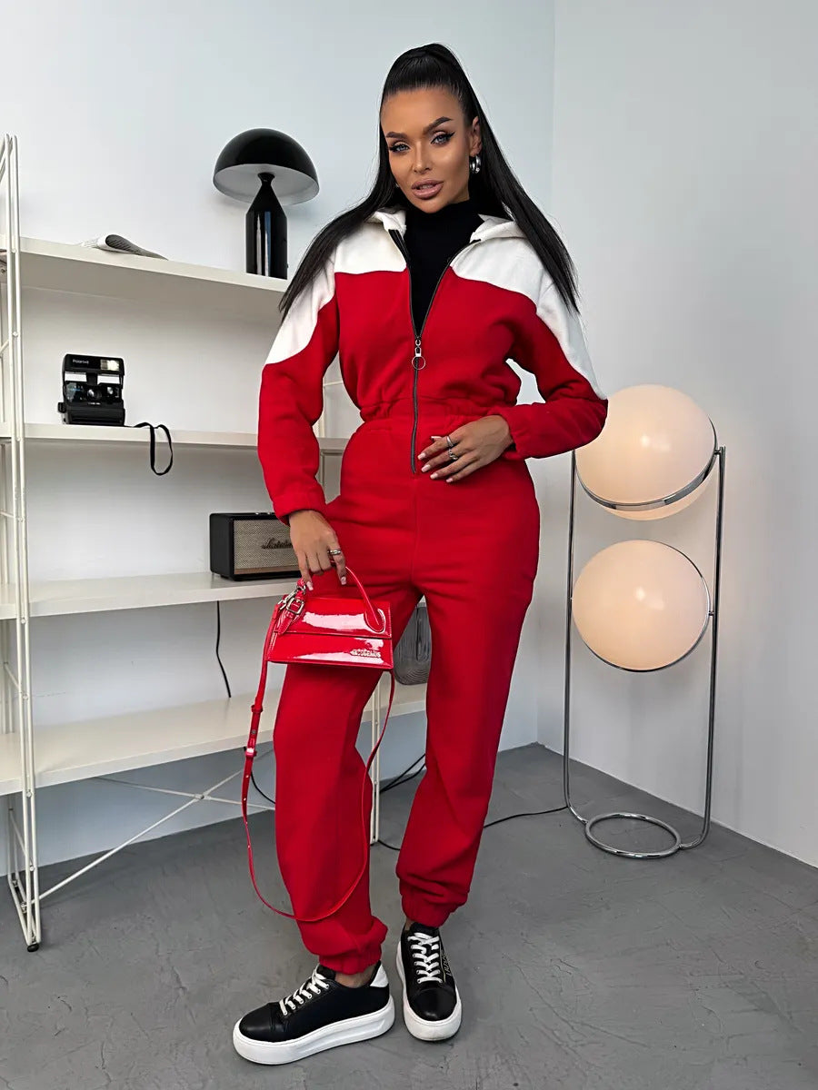 Damen gemütlicher Fleece-Overall mit Kapuze, durchgehendem Reißverschluss und elastischen Bündchen – Élanora