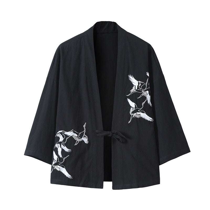 Unisex nan japanisch inspirierte Kimonojacke mit Kranichstickerei und Bindeschließe Echo Archiv