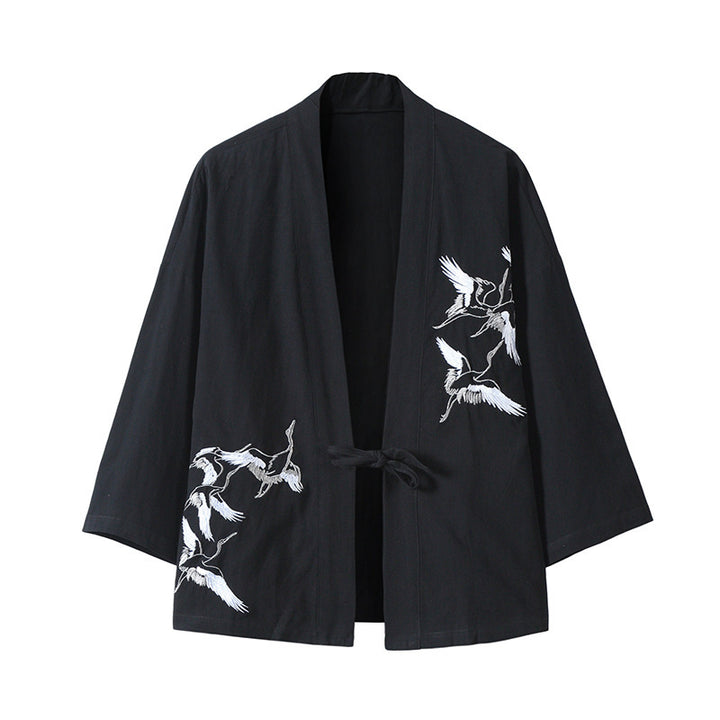 Unisex nan japanisch inspirierte Kimonojacke mit Kranichstickerei und Bindeschließe Echo Archiv