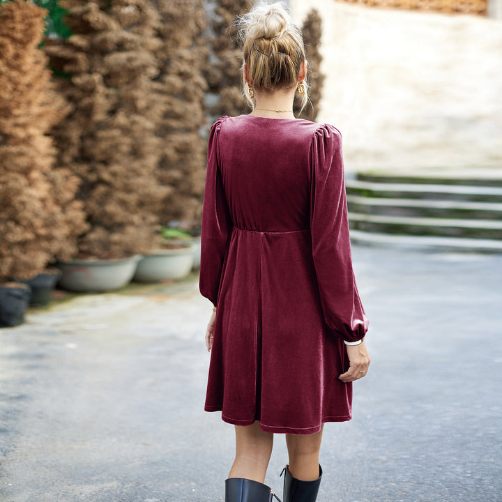 Damen Samt-Kurzkleid mit quadratischem Ausschnitt, Empire-Taille und Ballonärmeln – Élara