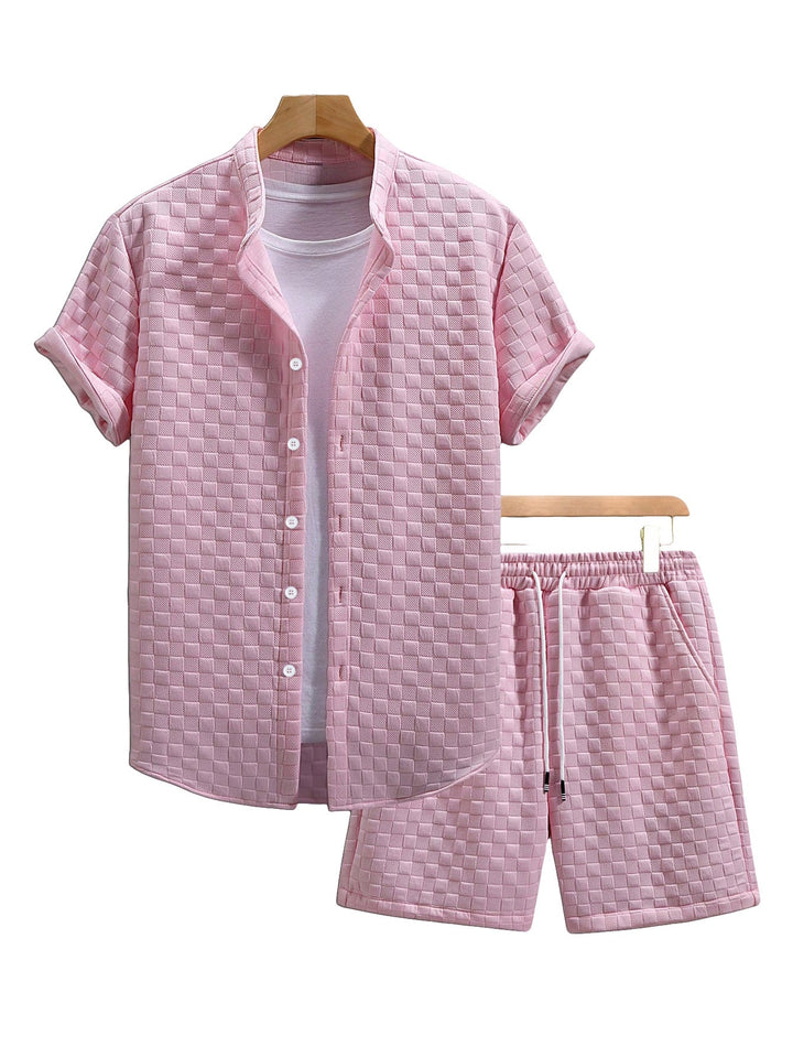 Herren nan zweiteiliges Sommerensemble mit Stehkragen-Hemdjacke und elastischen Komfort-Shorts in geprägter Karo-Textur Echoarchiv