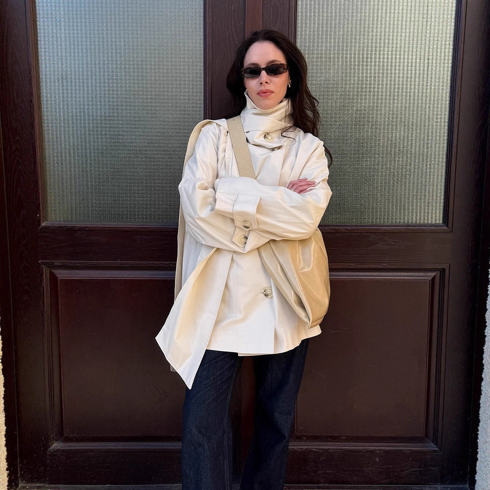 Damen Kurzer Oversize-Trench mit hohem Stehkragen, verdeckter Knopfleiste & weiten Manschetten Echoarchiv