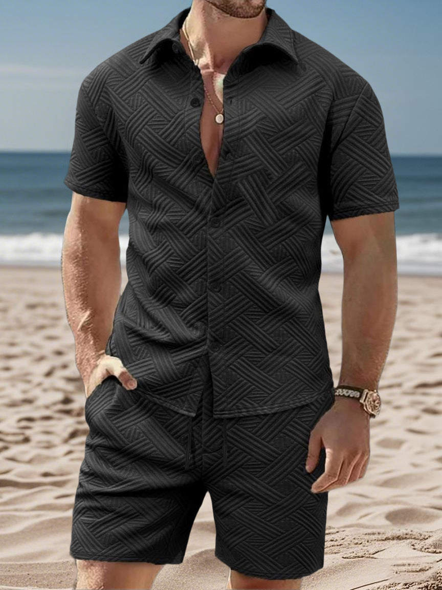 Herren nan geprägtes Strand-Ensemble mit offenem Kurzarm-Hemd und Kordel-Bermuda Echoarchiv