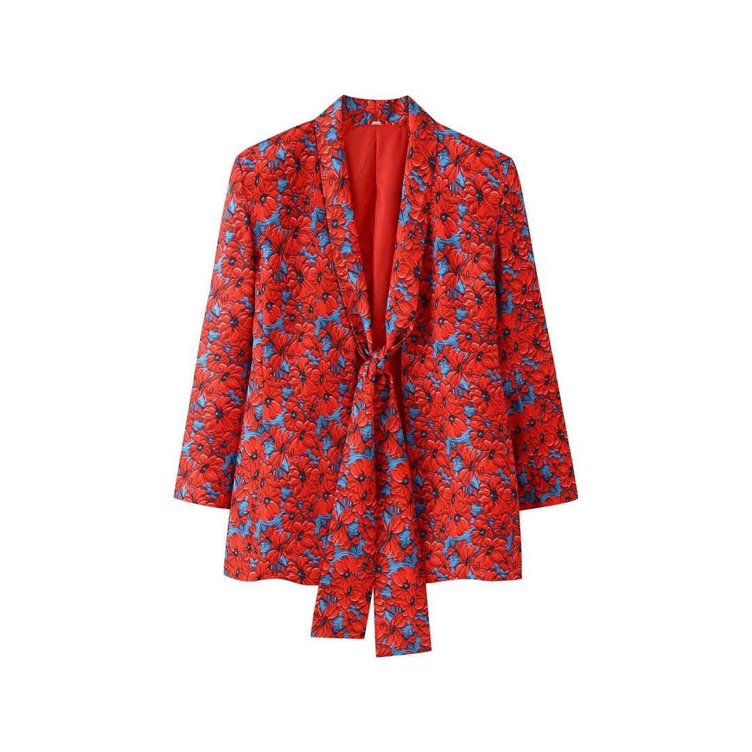 Damen 20+ zweiteiliges Satinset mit lockerem Knotenblazer und weiter Palazzohose Echo Archiv