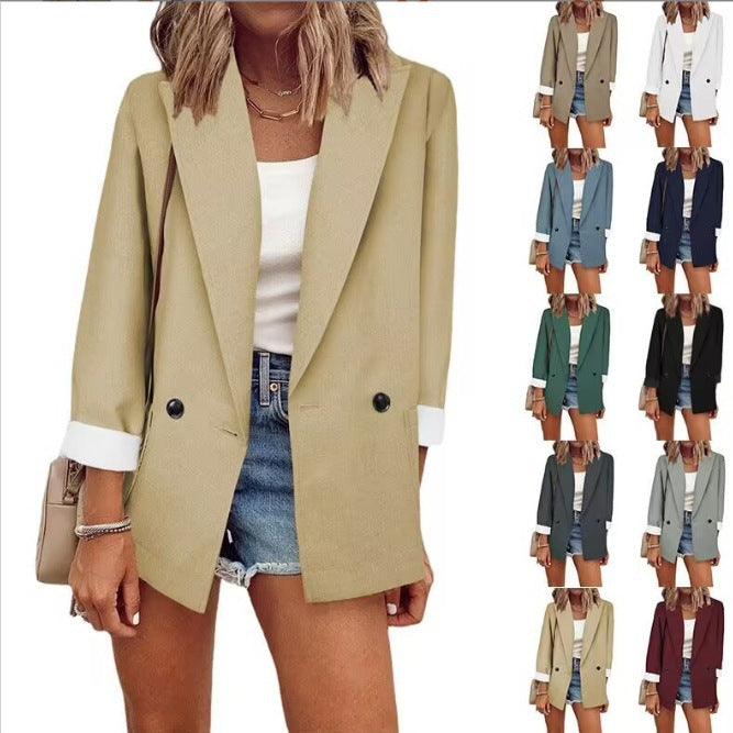Damen Oversize Longline-Blazer mit 3/4-Ärmeln, Kontrastumschlag und aufgesetzten Taschen Echoarchiv
