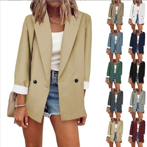 Damen Oversize Longline-Blazer mit 3/4-Ärmeln, Kontrastumschlag und aufgesetzten Taschen Echoarchiv