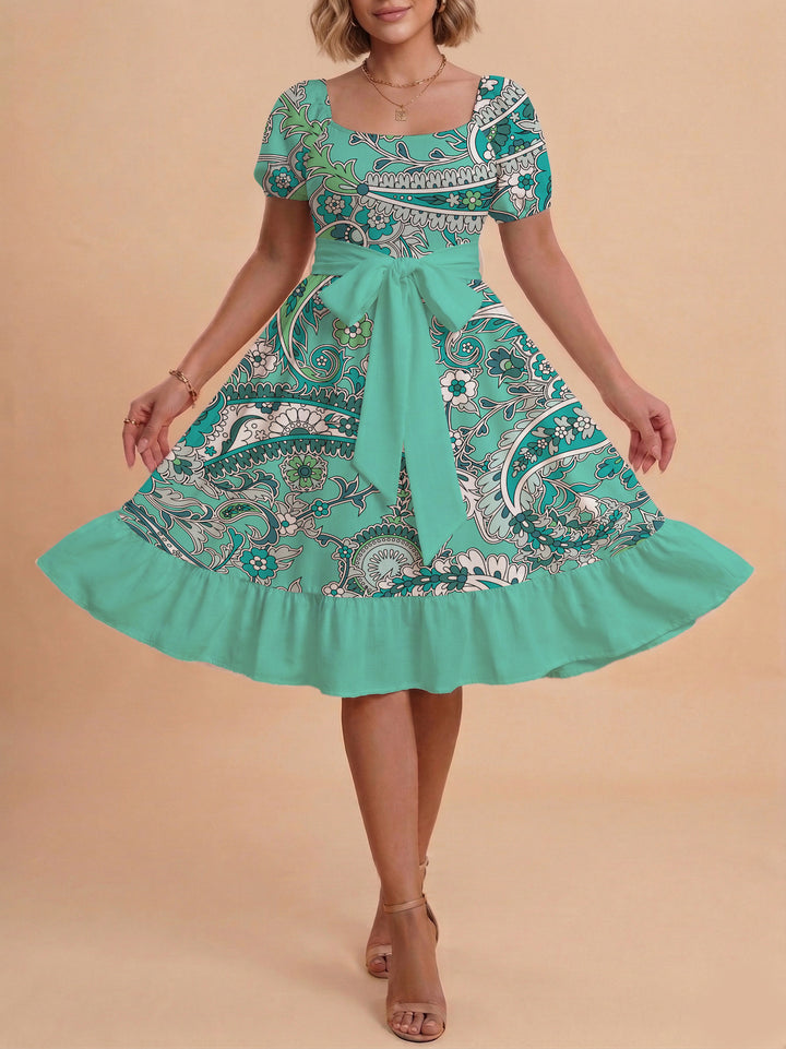 Damen A-Linien-Kleid mit floralen Motiven und taillierbarem Gürtel Echo Archiv