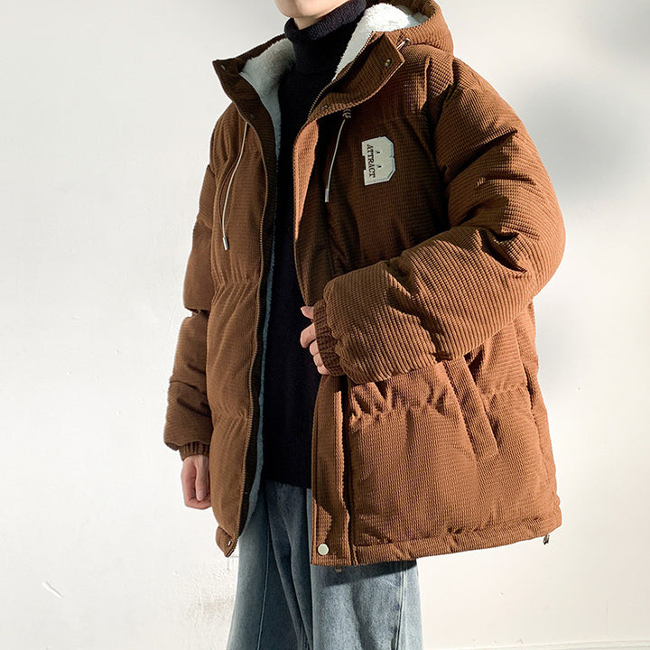 Herren Gepolsterte Cord-Steppjacke mit Kapuze, Teddyfleece-Innenfutter und Oversize-Schnitt Echo Archiv