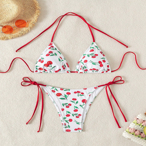 Damen Triangel-Bikini mit Krawattenverschluss und verspieltem Kirschdesign Echo Archiv