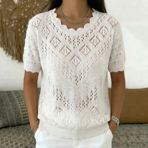Damen nan kurzärmeliger Spitzenstrickpullover mit Ajourmuster und geschwungenem Ausschnitt Echo Archiv