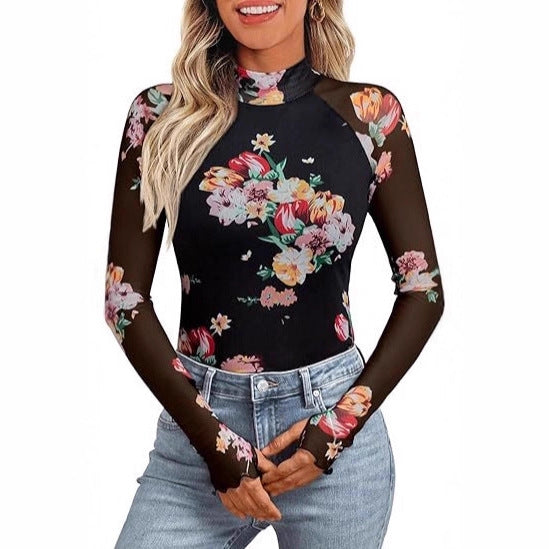 Damen Transparentes Mesh-Longsleeve mit Blumenprint und Stehkragen – Avérine