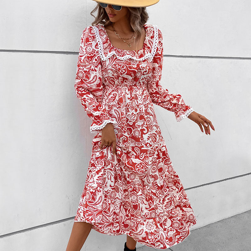 Damen Midikleid im Paisley-Print mit Spitzenvolant, quadratischem Ausschnitt und elastischer Taillennaht Echoarchiv