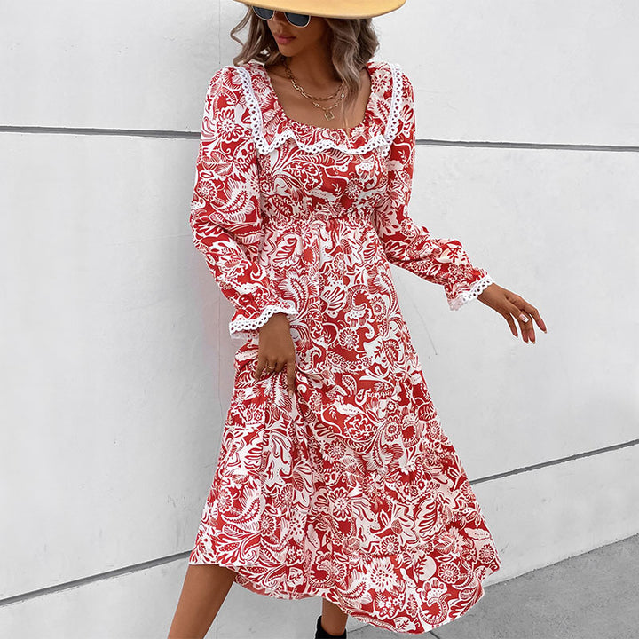 Damen Midikleid im Paisley-Print mit Spitzenvolant, quadratischem Ausschnitt und elastischer Taillennaht Echoarchiv