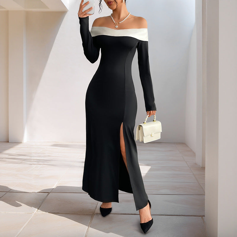 Damen Schulterfreies Maxikleid mit langen Ärmeln, hohen Seitenschlitzen und Umschlagkragen Echoarchiv