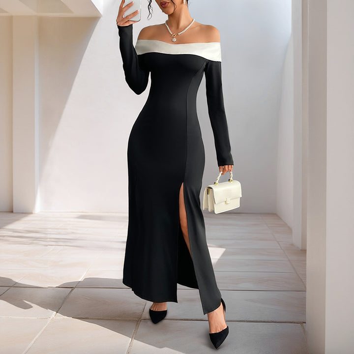 Damen Schulterfreies Maxikleid mit langen Ärmeln, hohen Seitenschlitzen und Umschlagkragen Echoarchiv