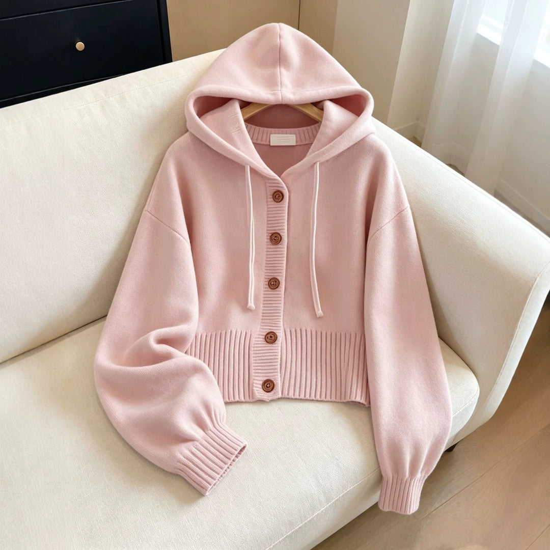 Damen Kapuzen-Strickcardigan mit Knopfleiste, geripptem Bund und Oversize-Ärmeln – Auréline