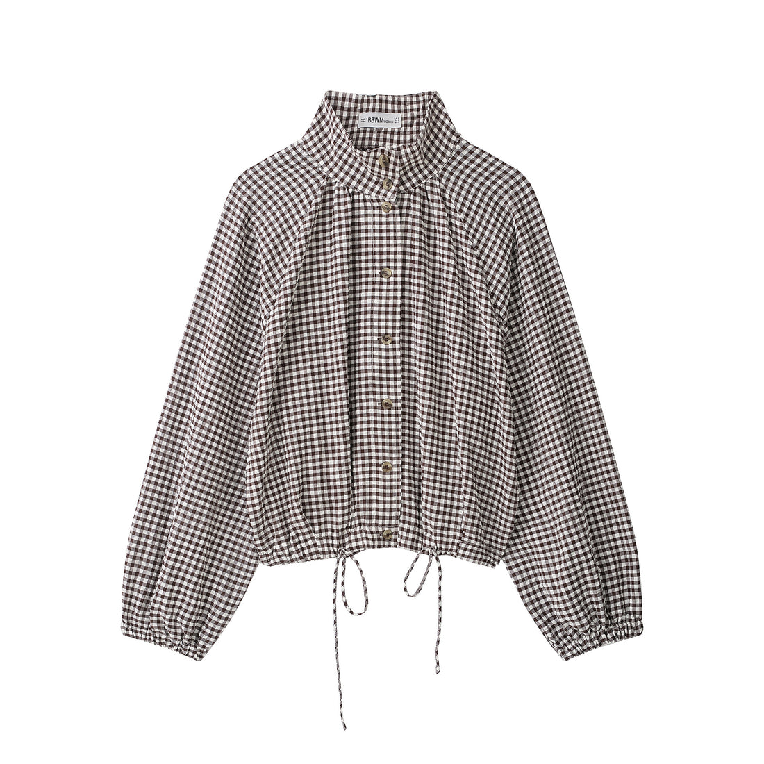 Damen Karo-Bluse mit Stehkragen, Knopfleiste und Tunnelzug-Saum Echoarchiv
