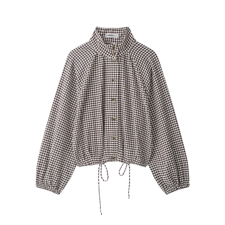 Damen Karo-Bluse mit Stehkragen, Knopfleiste und Tunnelzug-Saum Echoarchiv