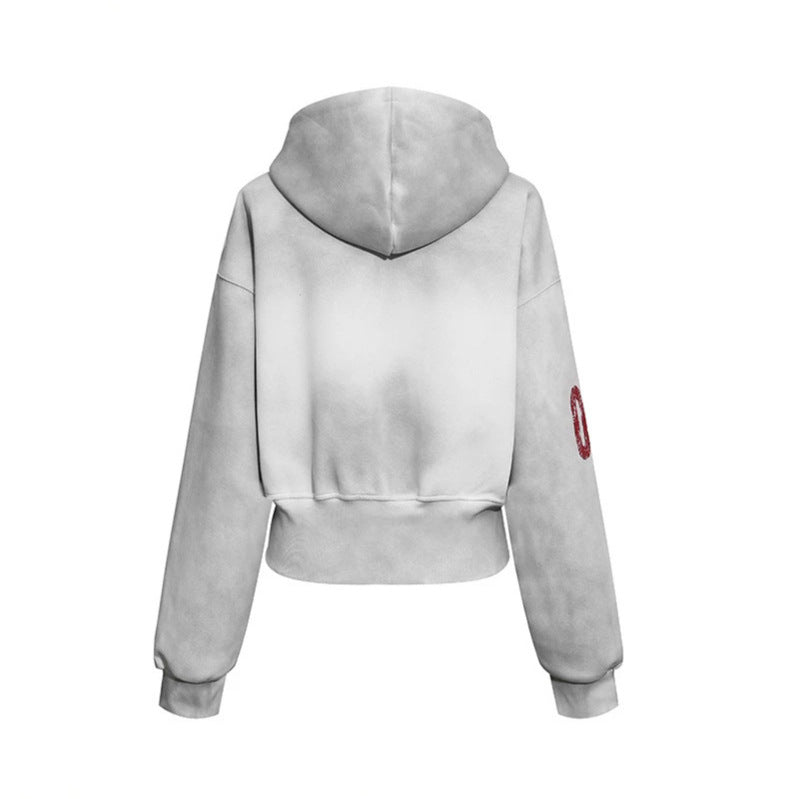 Damen Kurz geschnittene Zip-Hoodie aus French Terry mit gepunkteter Kapuzenfütterung und Wappen-Stick Echoarchiv