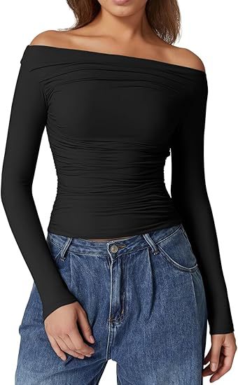 Damen Schulterfreies tailliertes Stretch-Longsleeve mit Raffung und figurbetonter Silhouette – Avérine
