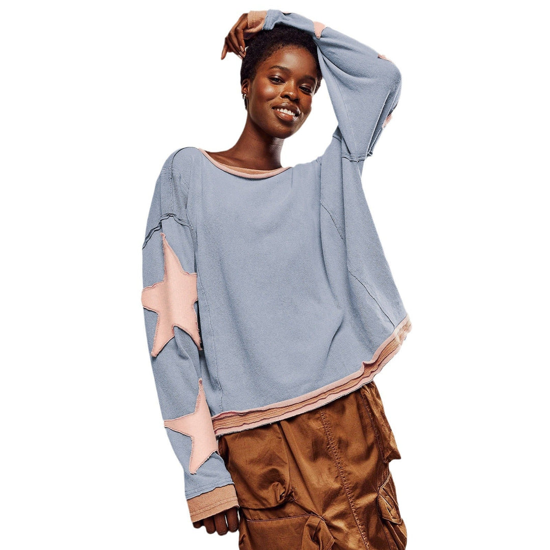 Damen Lässiger Sweatshirt mit Gestreiftem Design und Sternenapplikationen Echoarchiv