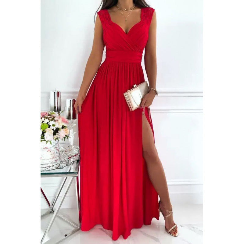 Damen Maxikleid mit Raffiniertem V-Ausschnitt und Hohem Schlitz Echoarchiv